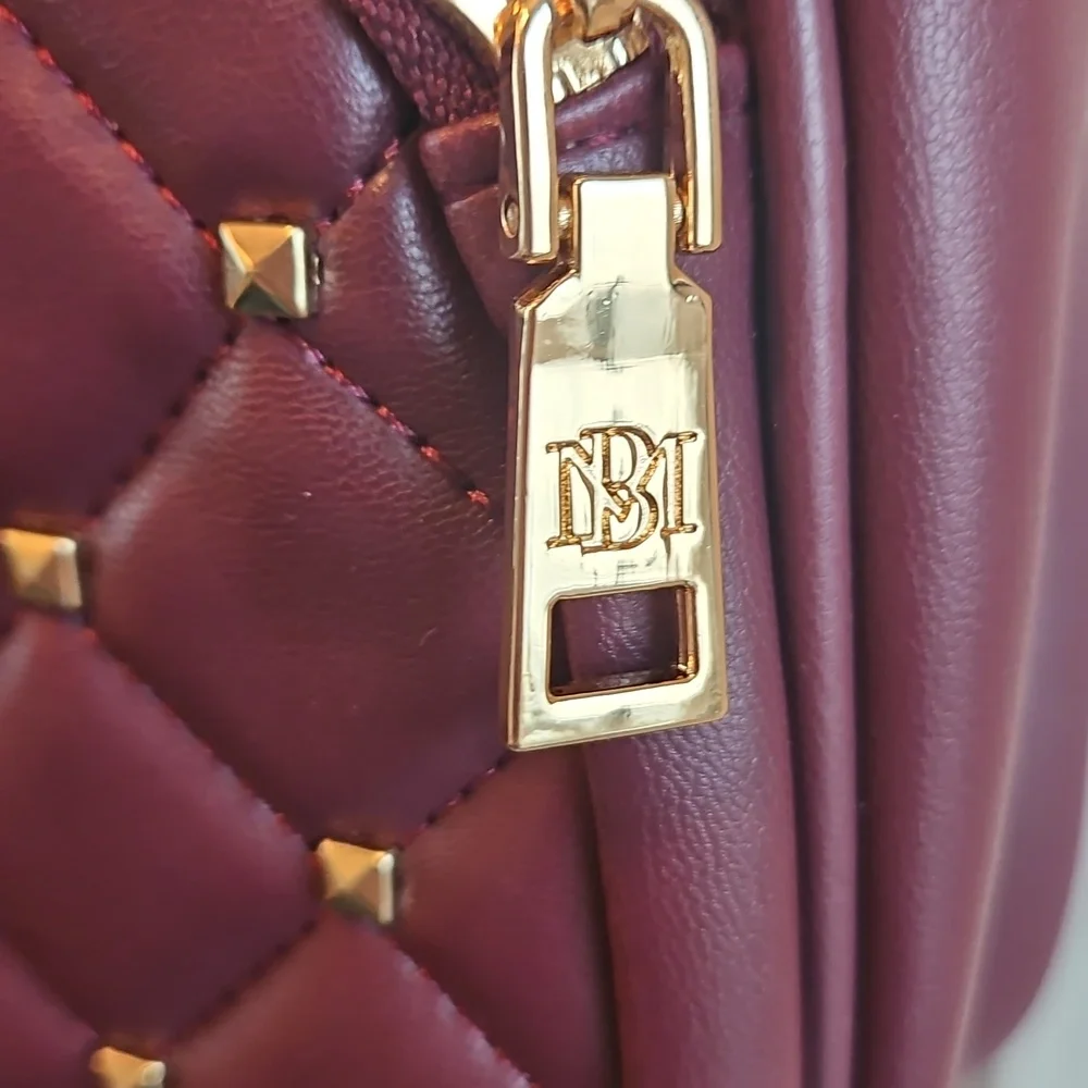 NWT Badgley Mischka Quilted Burgundy Backpack Gold Studded Faux Leather